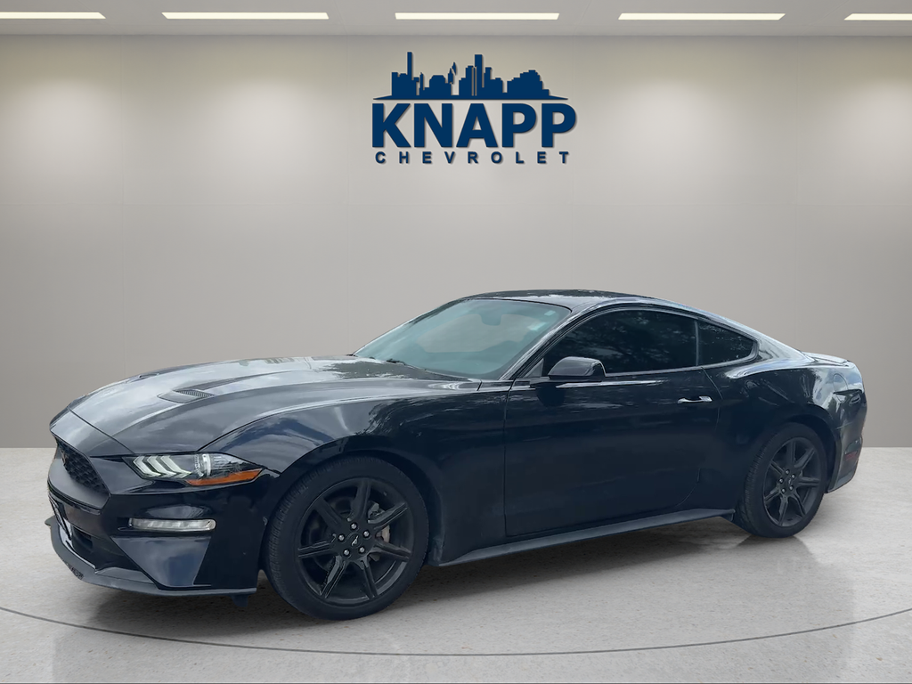 2019 Ford Mustang EcoBoost in Shadow Black — front three-quarter view