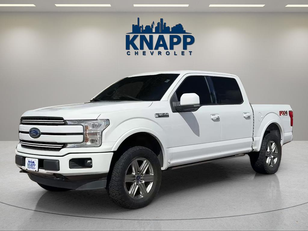 2019 Ford F-150 LARIAT in Oxford White — front three-quarter view