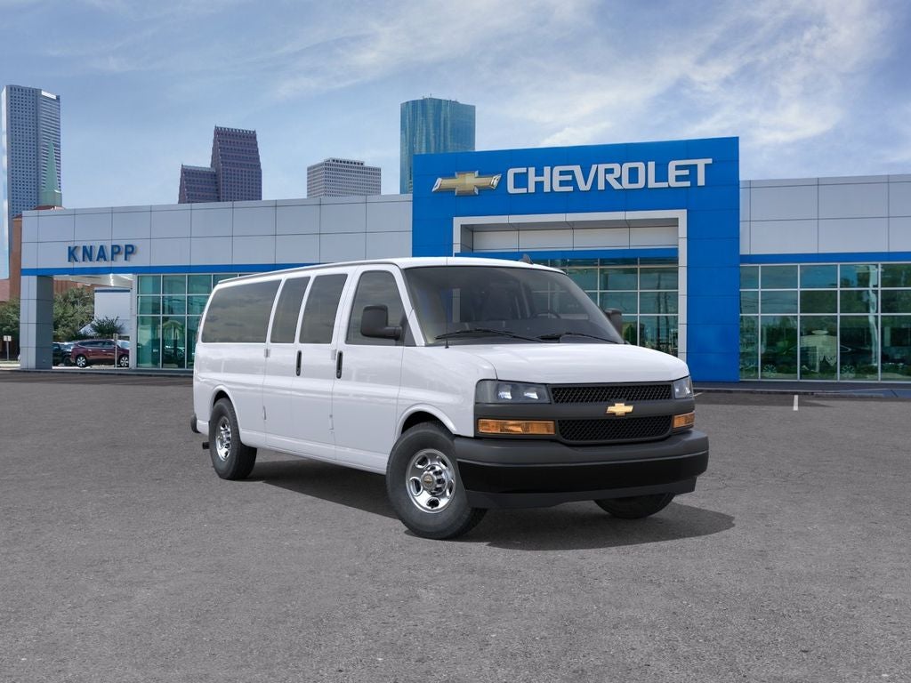 2026 Chevrolet Express Passenger LS in Summit White — front three-quarter view