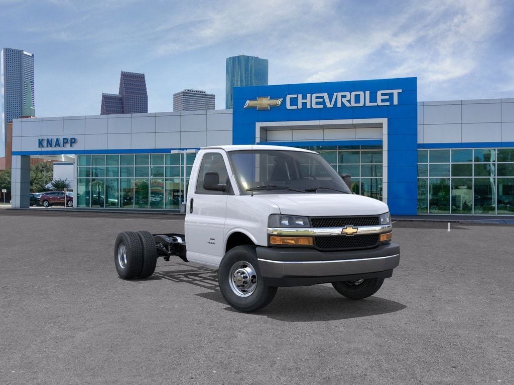 2026 Chevrolet Express Commercial Cutaway Work Van in Summit White — front three-quarter view